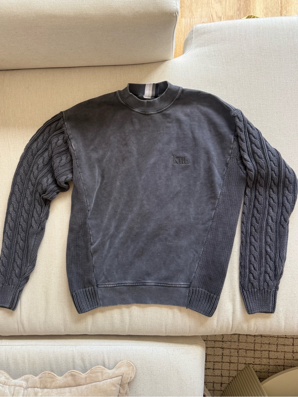 Kith Men's Charcoal Crewneck with Cable-Knit Sleeves